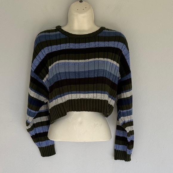 Le Lis green blue stripe stretch ribbed knit cropped long sleeve sweater small - Picture 4 of 14